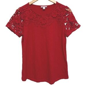 Charter Club Womens Top Red Gorgeous Medium P Lace Floral Short Sleeve‎ Blouse